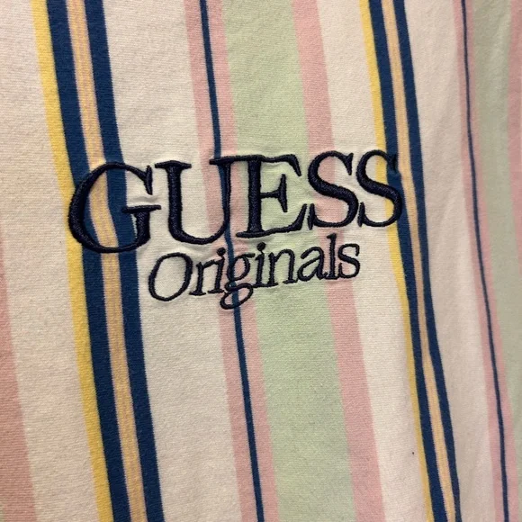 Vintage Guess Striped Shirt Multicolor Pastel Embroidered Medium Unisex VTG 90s - Picture 2 of 4